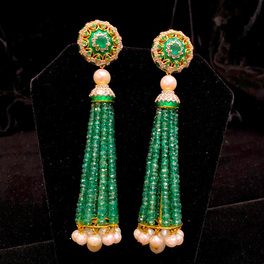 Earrings-Sterling Silver with 22K Gold overlay, diamonds, pearls, emeralds